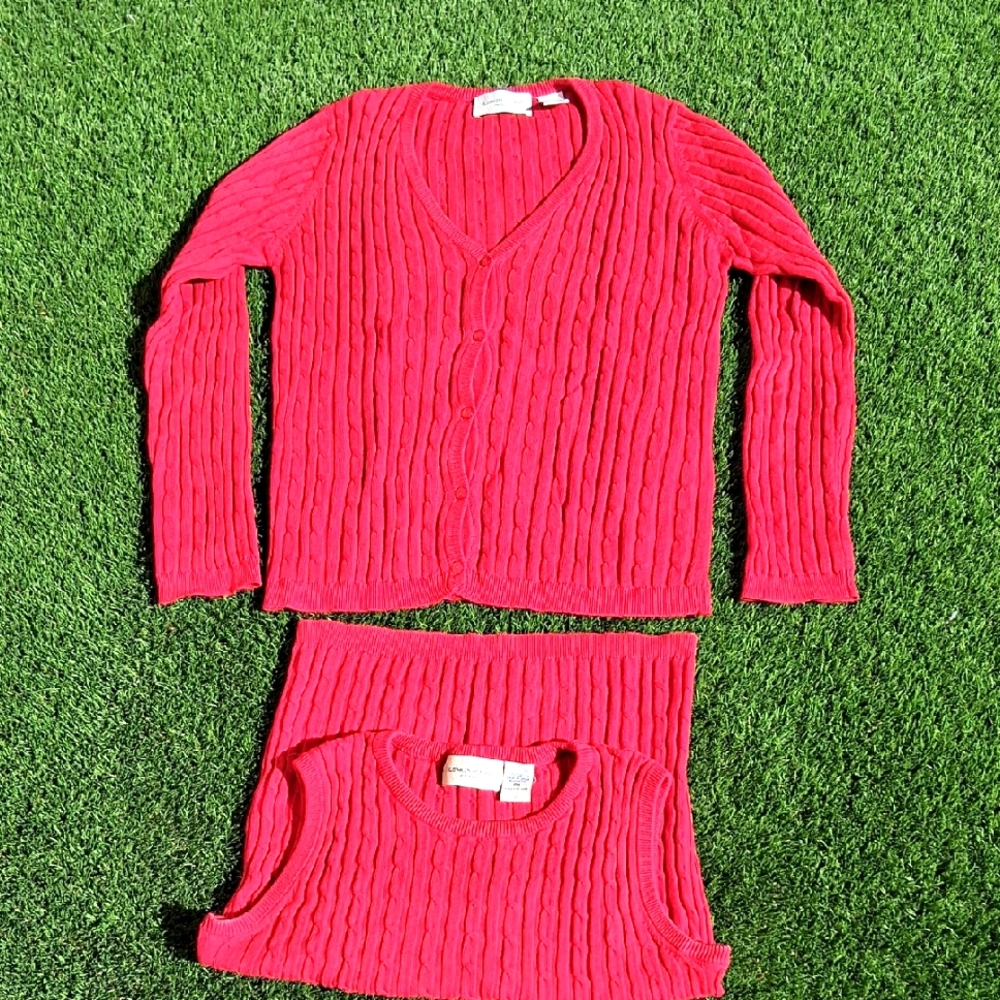 Lemon Grass Red Ribbed Knit Cardigan and Tank Set